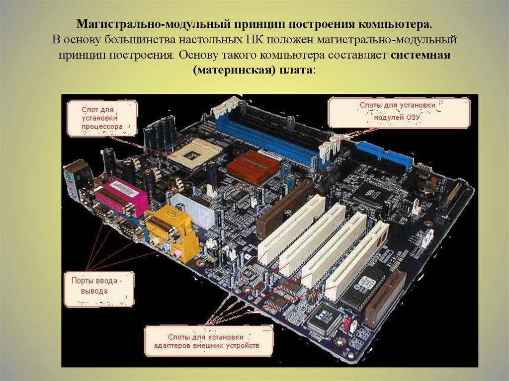 Магистрально-модульный принцип построения компьютера устройство компьютера. - презентация