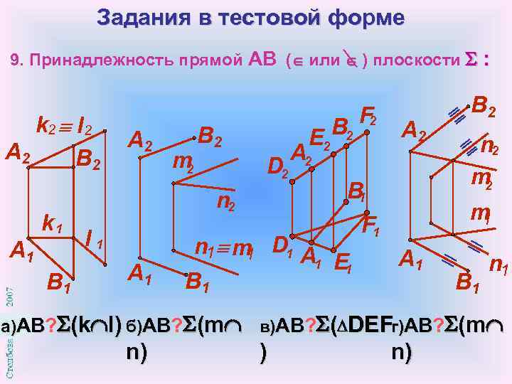 Взаимное расположение прямой и плоскости.
    основные задачи на прямую и плоскость