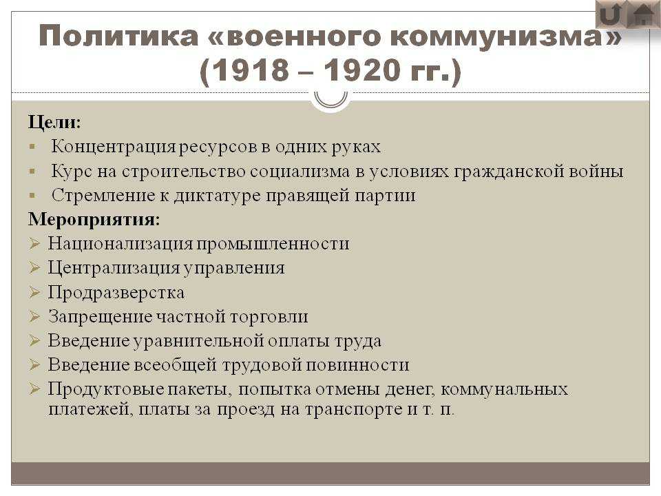 Цели военного коммунизма в россии, особенности, политики и характеризующие последствия кратко в таблице