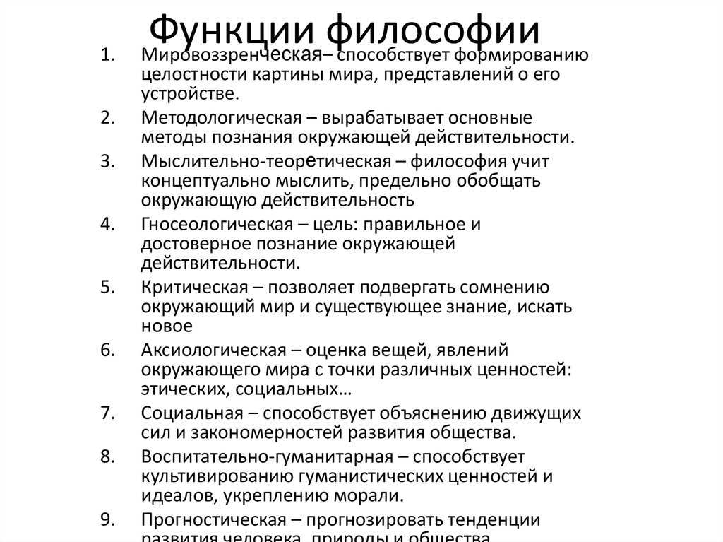 Основные функции философии и их характеристики