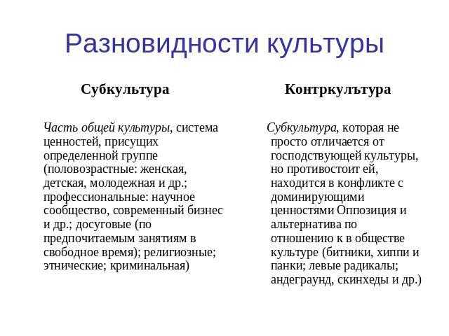 Культура — основные виды, формы, характеристики